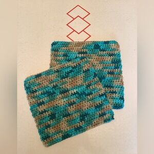 Hand Crocheted Kitchen Dishcloths - Teal & Tan